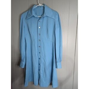 Vintage Womens Blue button front dress / jacket long sleeve  pointed collar